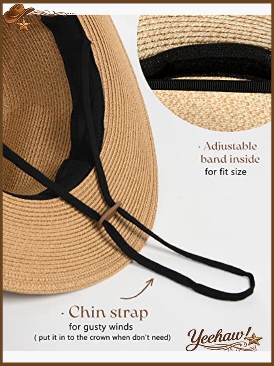 Wide Brim Straw Fedora Panama Hat UPF Sun Protection Foldable Summer Beach main image 7